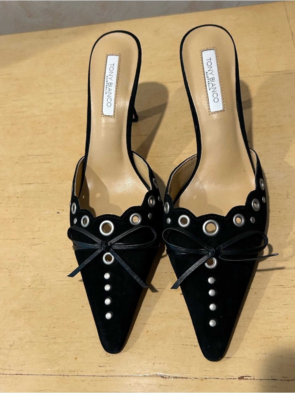 Tony Bianco women’s shae black suede eyelet mule kitten heel in size 8